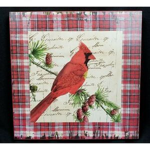 Christmas Cardinal 12" Wall Art Pine Bough Tartan Plaid Square Winter Holiday